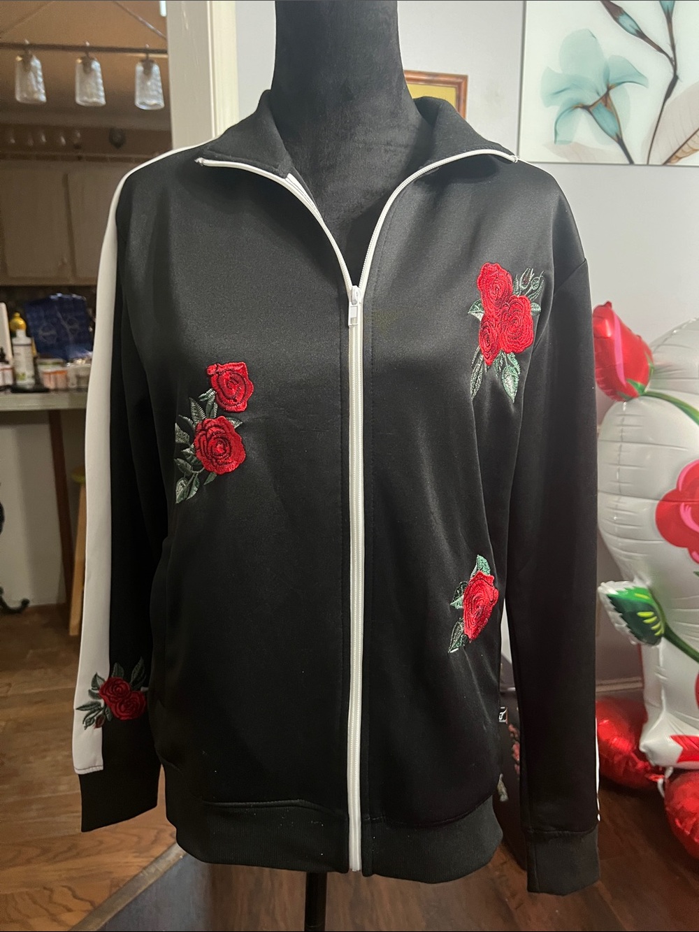 Women's Black Zip-Front Bomber Jacket with Red Rose Embroidery